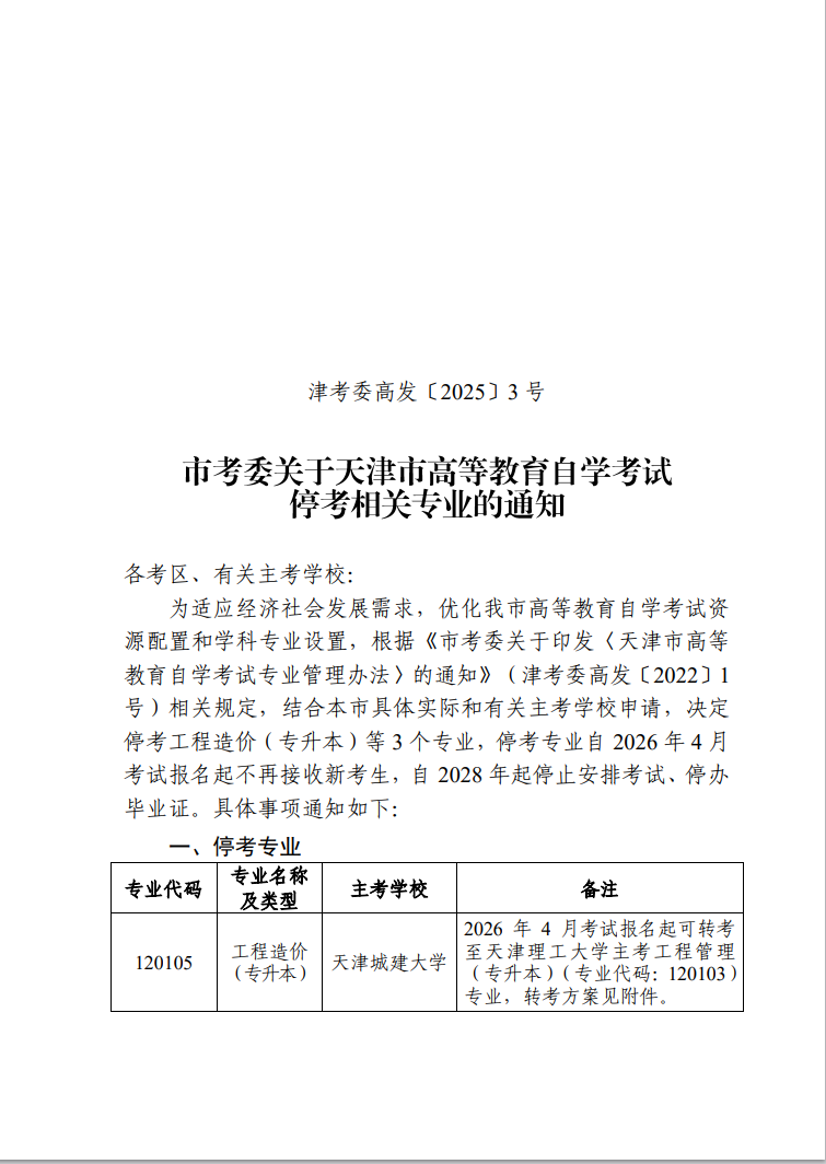 津考委高发〔2025〕3号-市考委关于天津市高等教育自学考试停考相关专业的通知 津考委高发〔2025〕3号-市考委关于天津市高等教育自学考试停考相关专业的通知