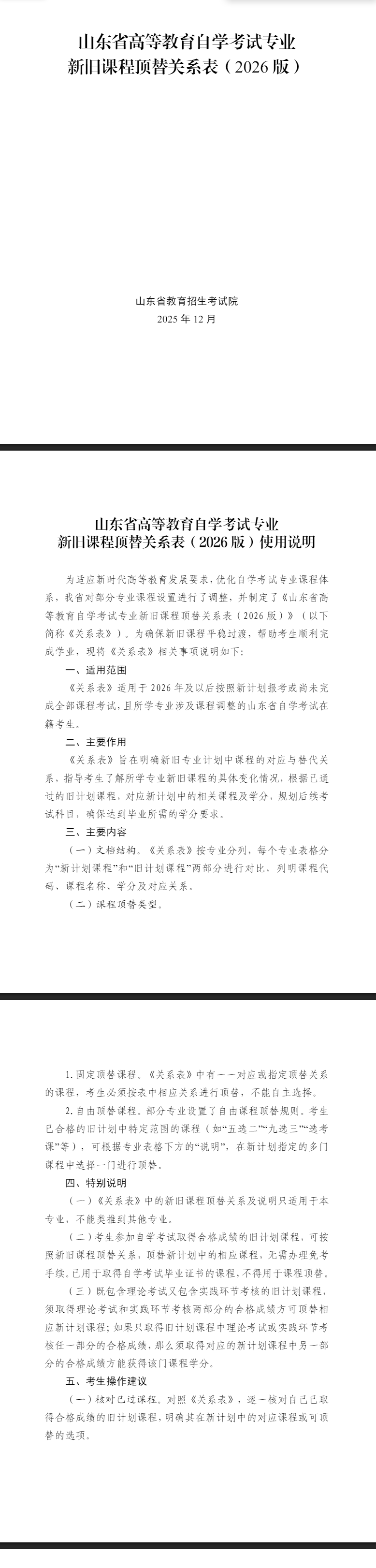 山东省高等教育自学考试专业新旧课程顶替关系表（2026版）