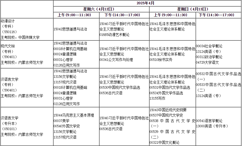 2025年4月内蒙古自学考试考试安排