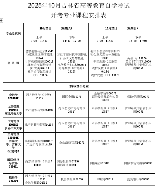 2025年10月吉林省自考考试安排
