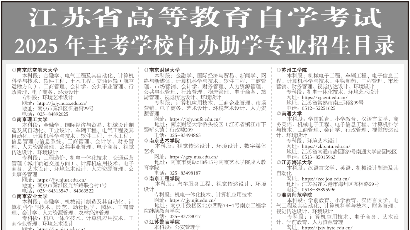 江苏省高等教育自学考试2025年主考学校自办助学专业招生目录