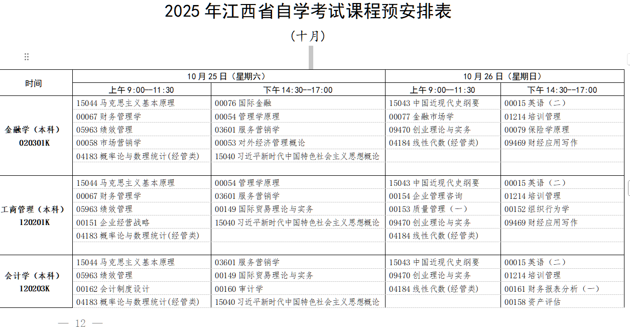 2025年10月江西省自学考试考试安排
