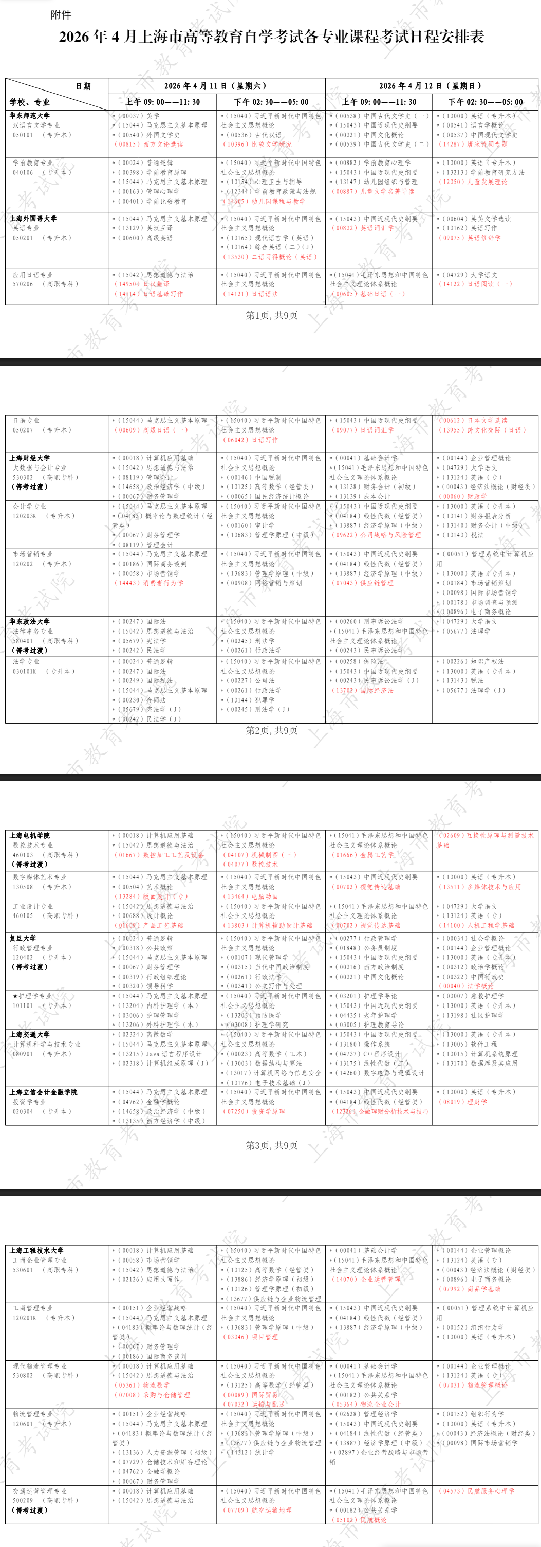 2026年4月上海市自考考试安排