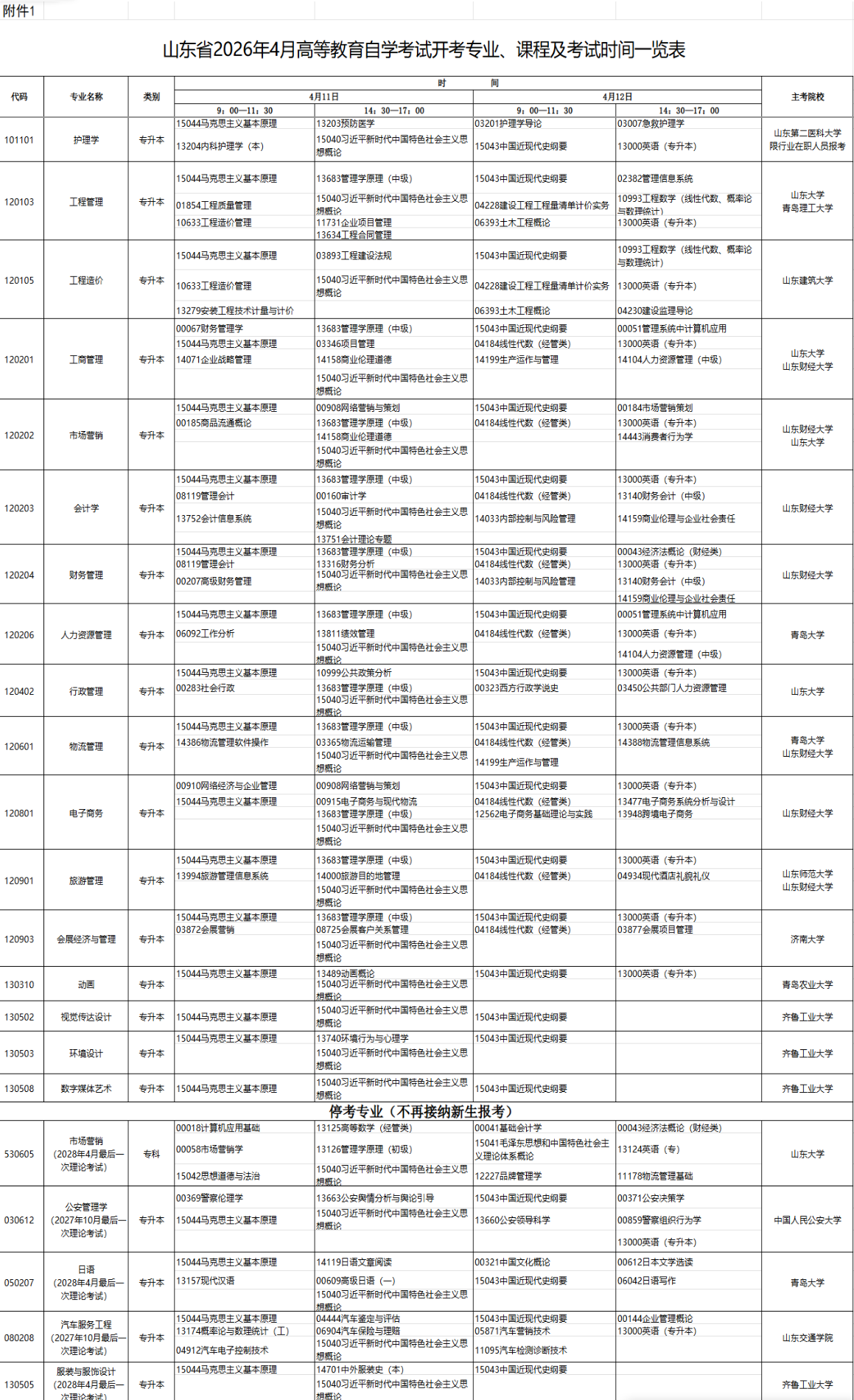 2026年4月山东省自考考试安排