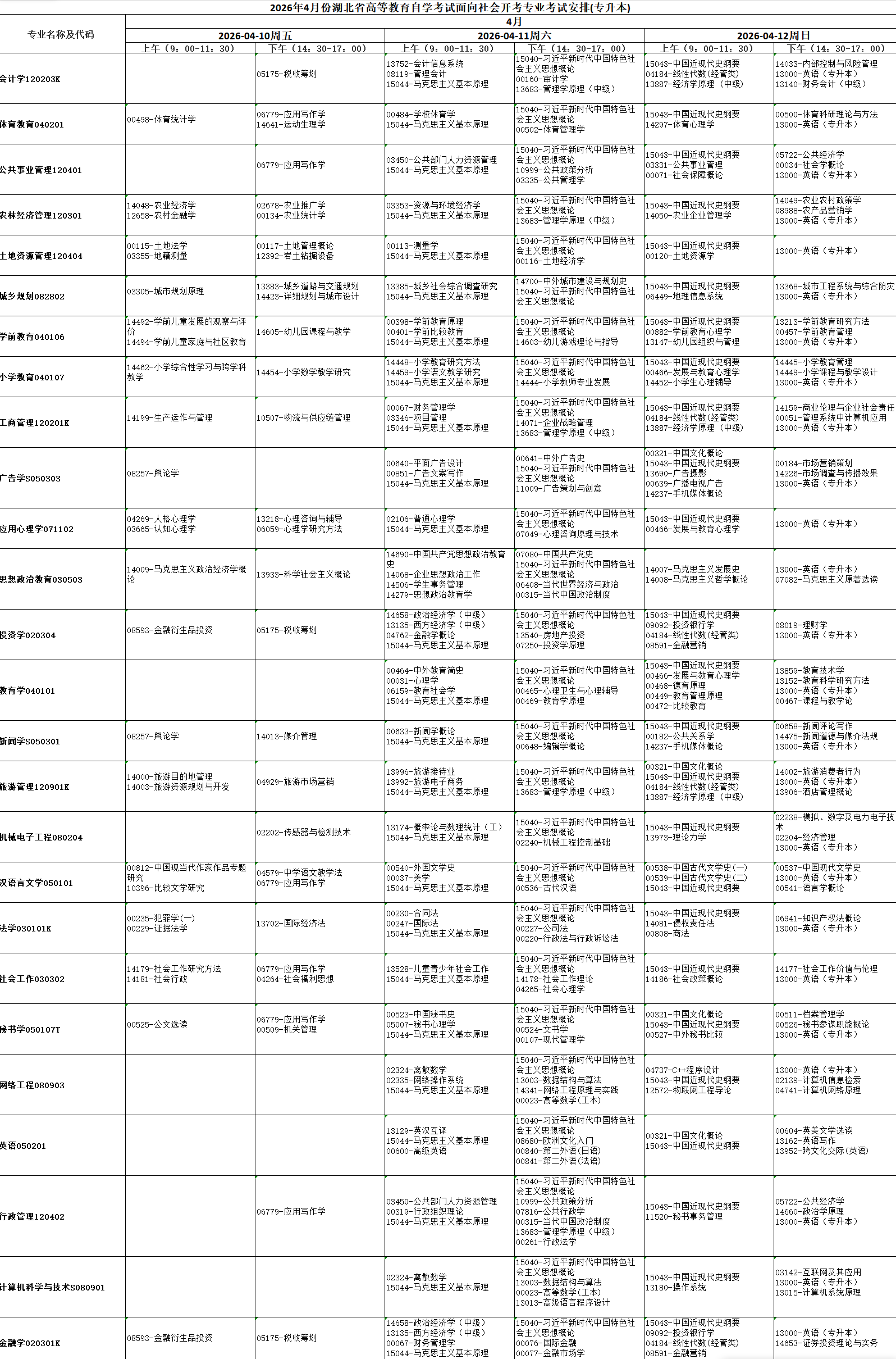 2026年4月湖北省自考考试安排
