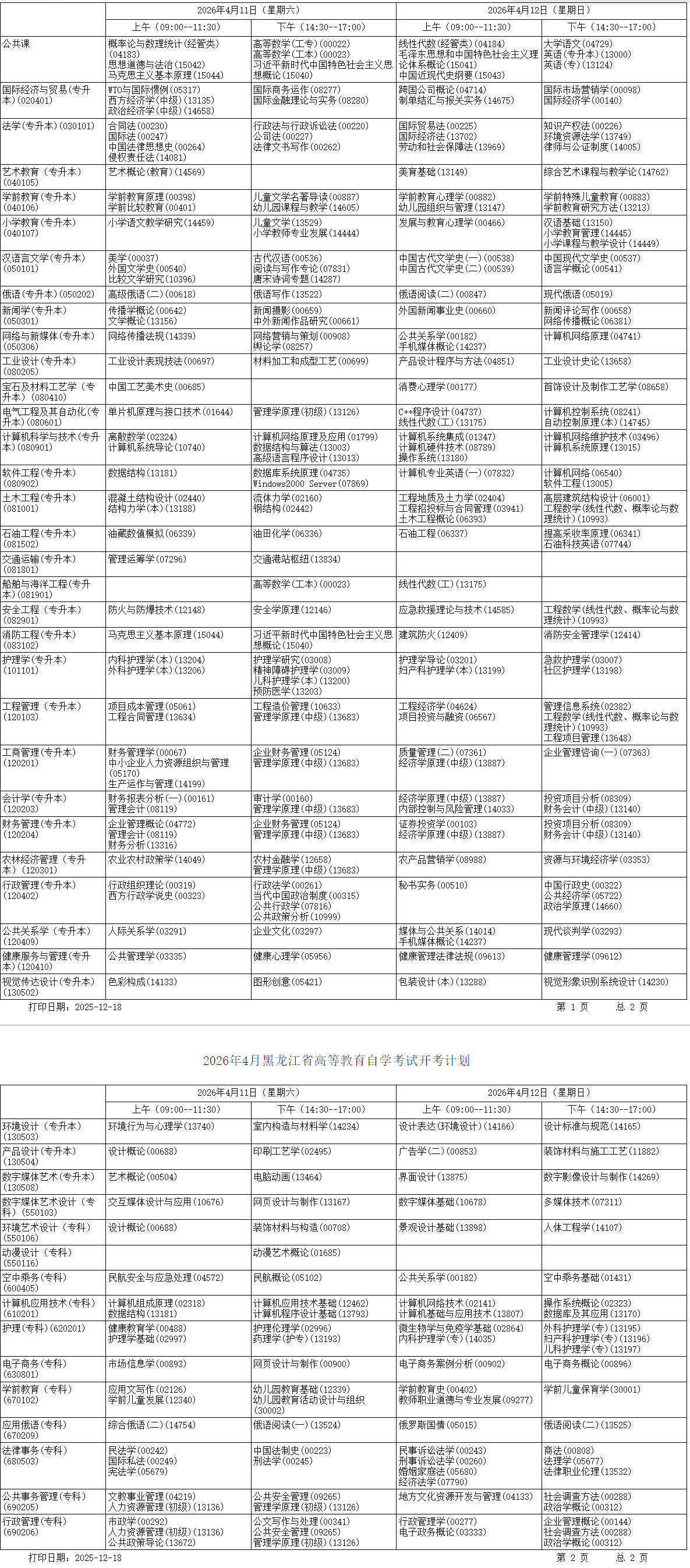2026年4月黑龙江省大兴安岭地区自学考试考试安排 2026年4月黑龙江省大兴安岭地区自学考试考试安排