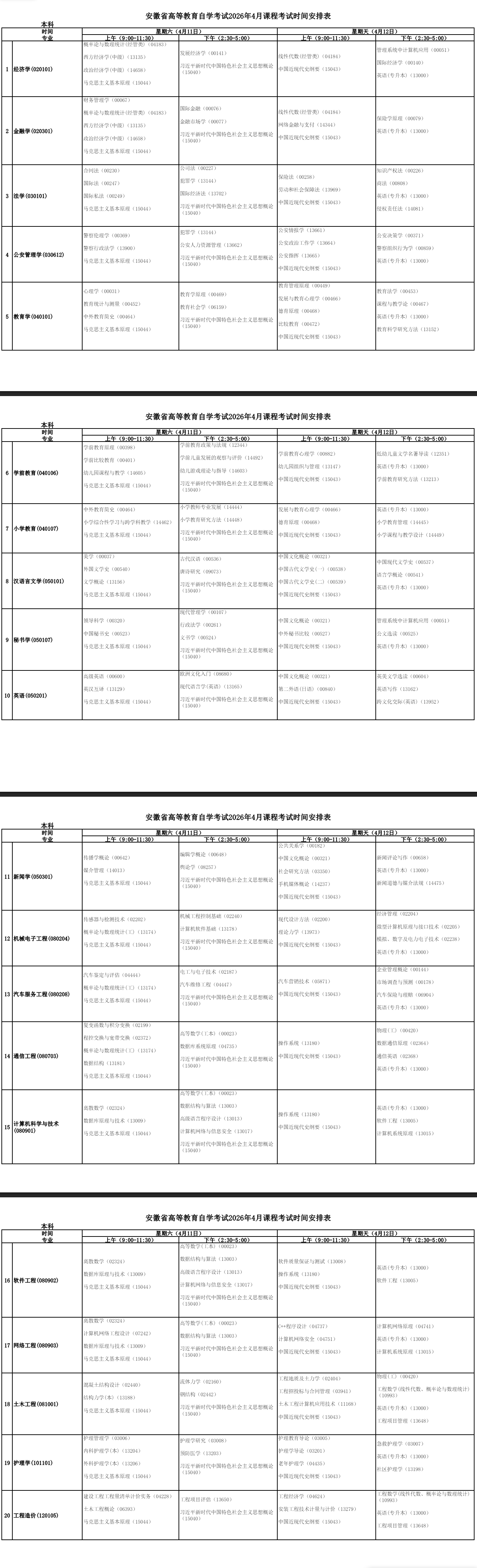 2026年4月安徽省自考考试安排