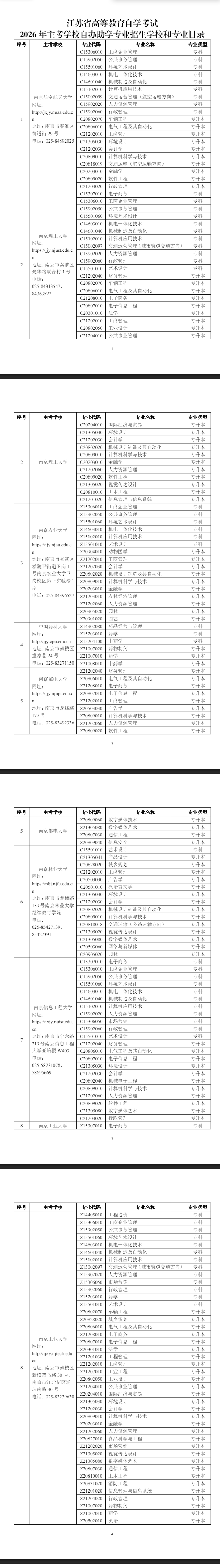 江苏省高等教育自学考试2026年主考学校自办助学专业招生学校和专业目录