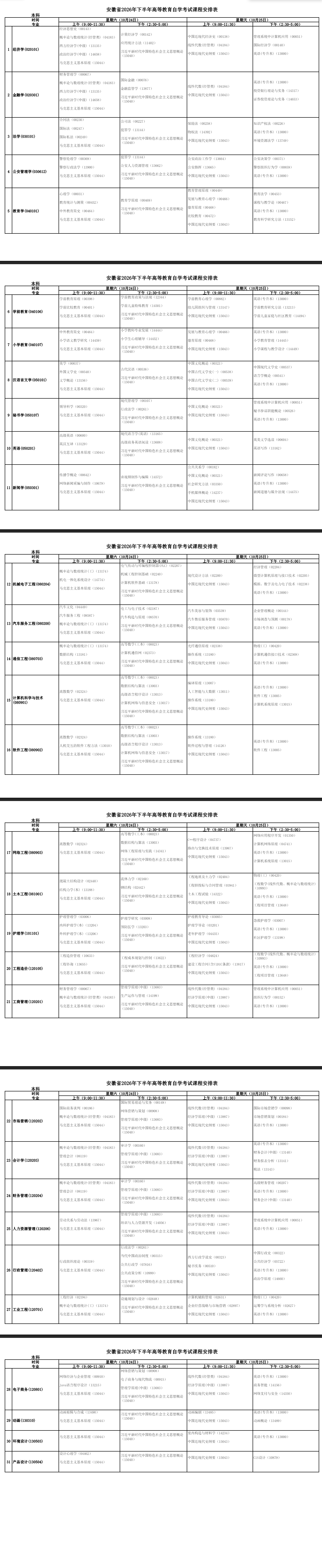2026年10月安徽省自学考试开考课程考试安排 2026年10月安徽省自学考试开考课程考试安排